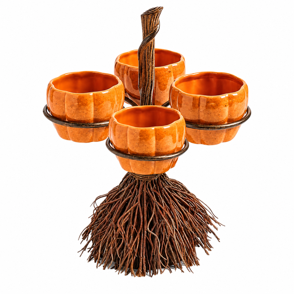 Pumpkin Broom Halloween Snack Bowl Stand